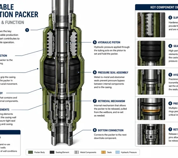 CAD cutaway illustration of a retrievable production packer highlighting the slips, sealing elements, hydraulic piston, retrieval mechanism, and pressure sealing components.