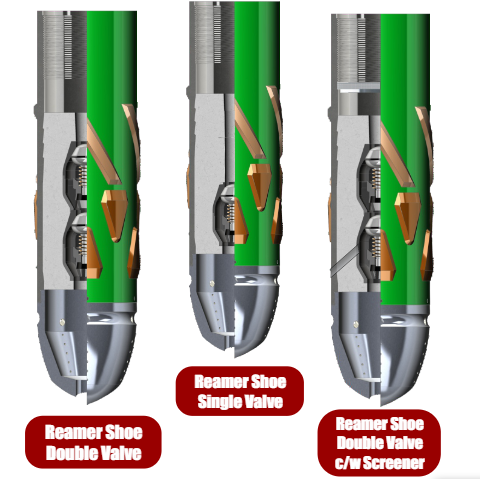Illustration comparing single valve and double valve casing reamer shoe designs used in oil and gas well drilling