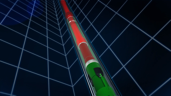 3D rendering of a liner hanger installed inside casing during an oil and gas well completion operation.