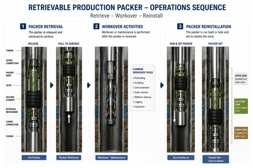Sequence illustration showing retrieval of a retrievable production packer, workover operations, and reinstallation to restore pressure isolation in an oil and gas well.