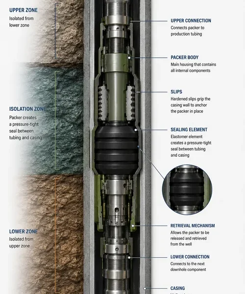 Vertical cross-sectional illustration of a retrievable production packer installed inside well casing, showing the tubing, slips, sealing element, retrieval mechanism, and pressure isolation zones