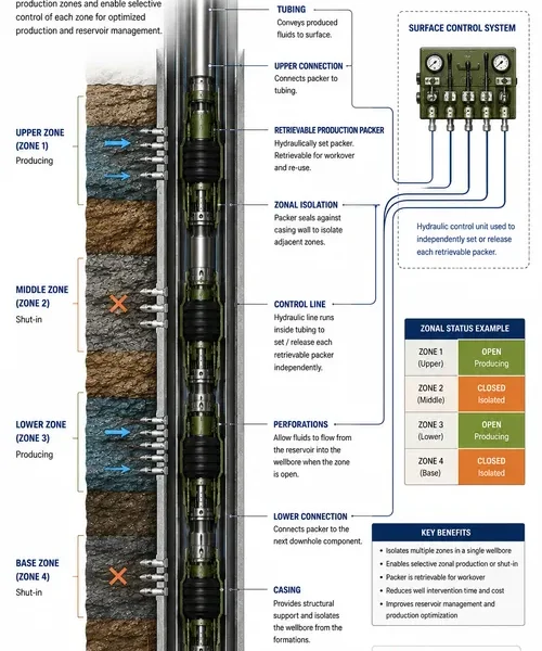 Multi-zone completion schematic illustrating multiple retrievable production packers, hydraulic control lines, and isolated production zones inside a wellbore.