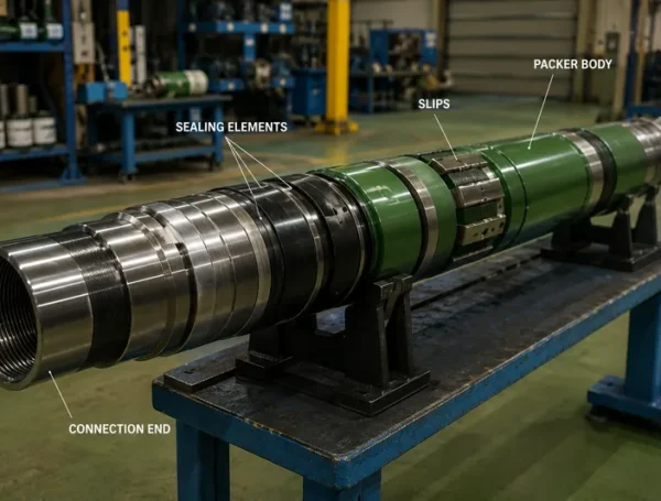 Retrievable production packer assembly showing the packer body, slips, sealing elements, and threaded connection end in an industrial manufacturing workshop.