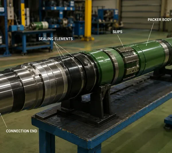 Retrievable production packer assembly showing the packer body, slips, sealing elements, and threaded connection end in an industrial manufacturing workshop.