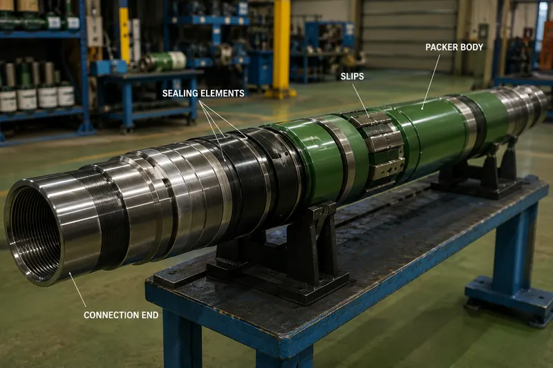 Retrievable production packer assembly showing the packer body, slips, sealing elements, and threaded connection end in an industrial manufacturing workshop.